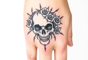 ornate skull adorned with crown of wild roses and thorns tattoo idea
