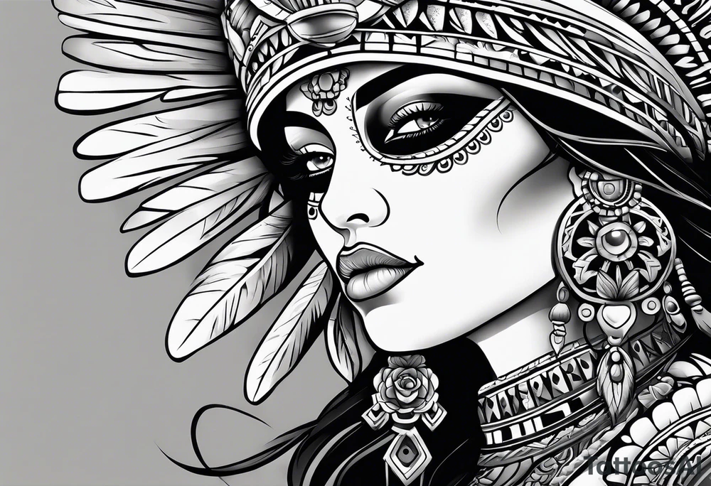 Aztec princess side profile day of the dead tattoo idea