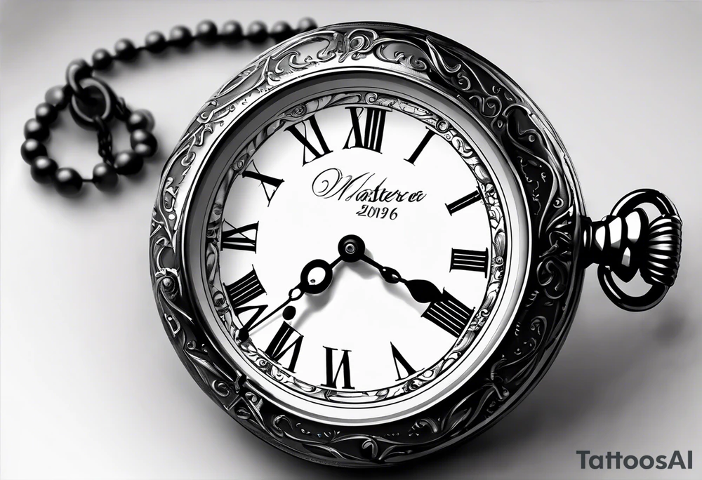 Pocket watch with chain and dates 28/08/1960-25/03/2024 written in it tattoo idea