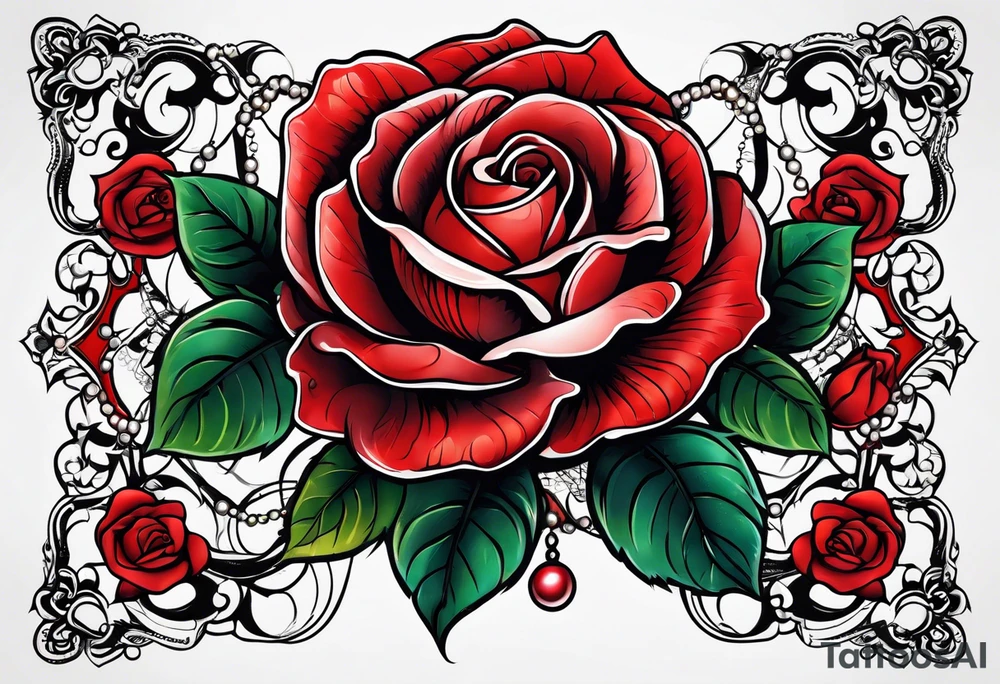 Red rose with a pearl necklace tattoo idea