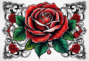 Red rose with a pearl necklace tattoo idea