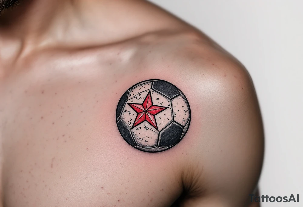 A classic black-and-grey ball resting beneath a red Slavia star with a white background. tattoo idea