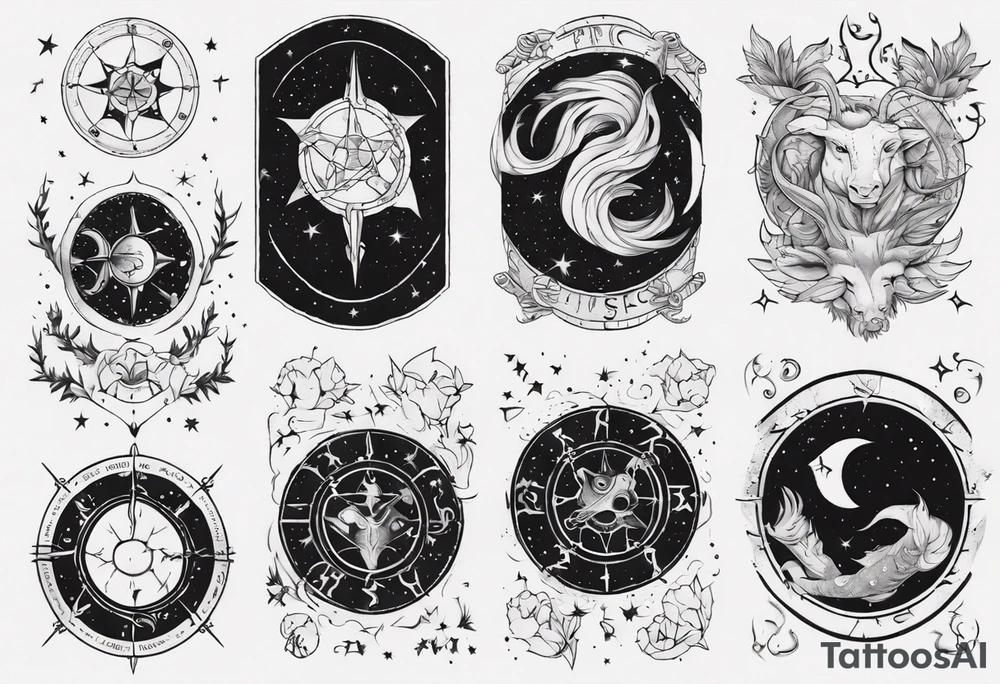 night sky, showing zodiac sign for Pisces and Taurus. upper arm sleeve tattoo tattoo idea