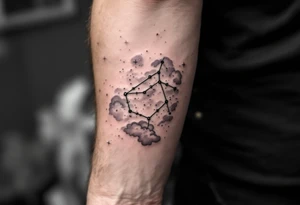 The Sagittarius constellation made of tiny white stars over a background of shaded lavender clouds and faint stardust. tattoo idea