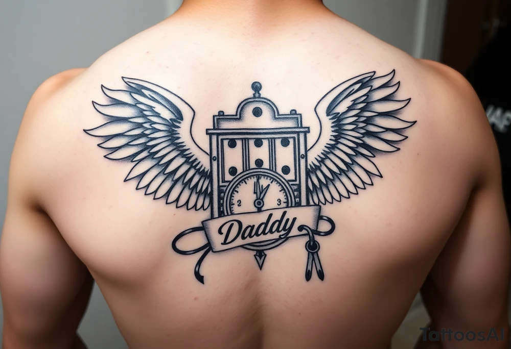 Slot machine and compass with word Daddy and angel wings tattoo idea