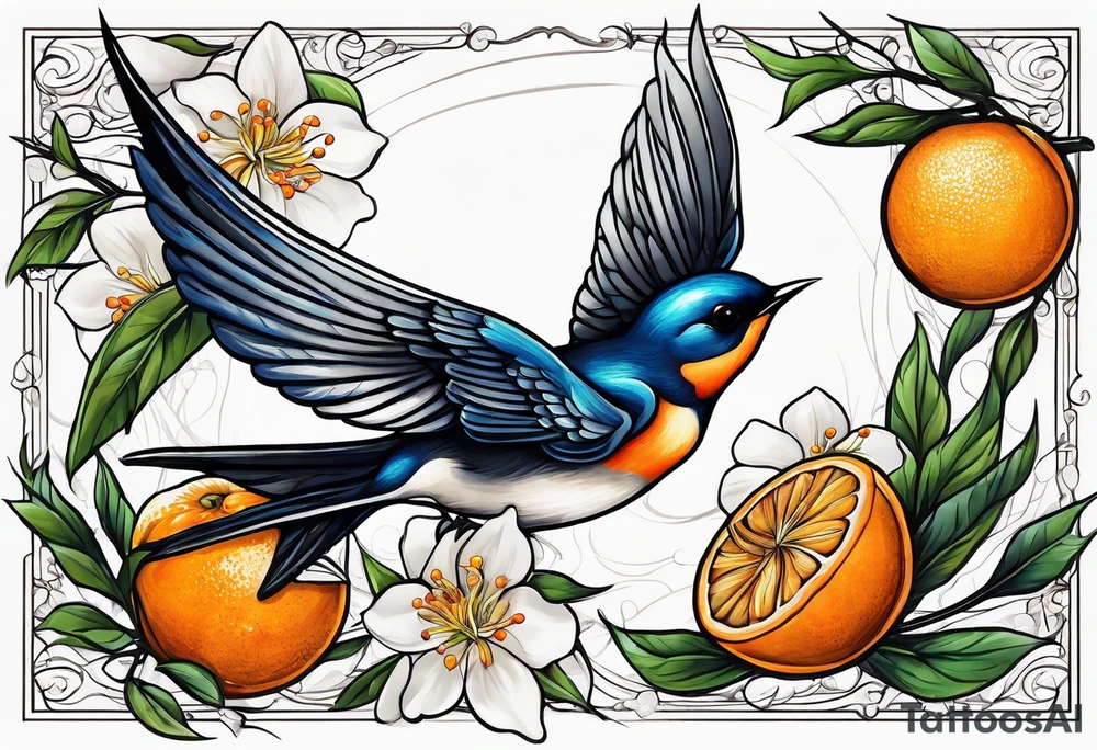 swallow flying away from an orange blossom branch tattoo idea