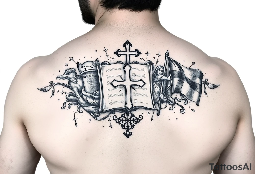 Forearm bracer incorporating the Bible, stained glass, the Christian flag, and Protestant themes tattoo idea