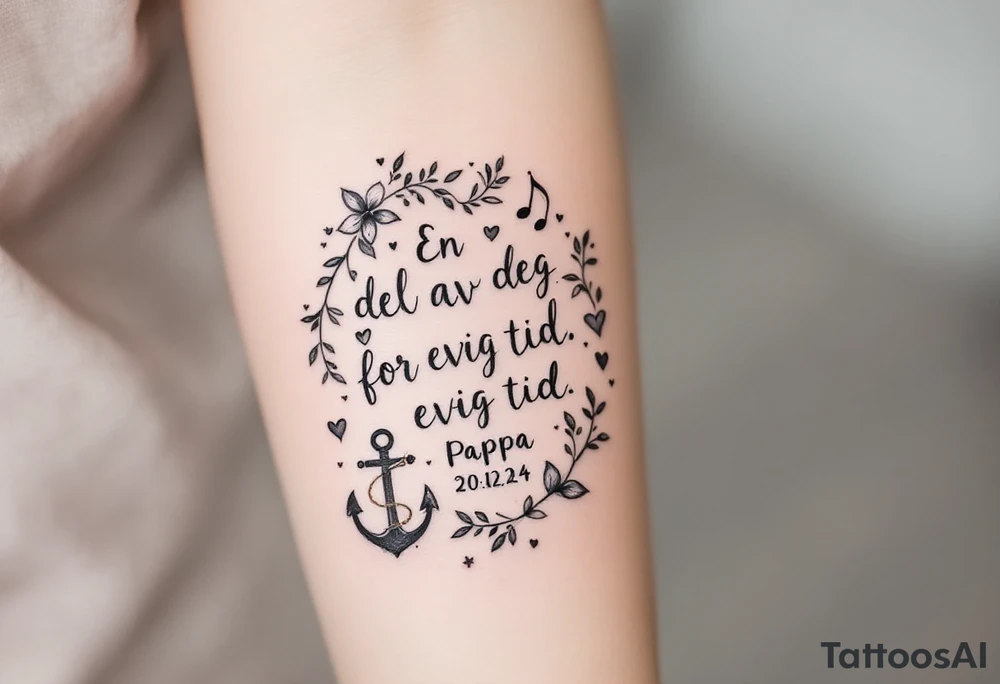 Quote: "En del av deg for evig tid. 
Pappa 20.12.24"
Surround the quote with delicate gladious, notes, hearts and an anchor tattoo idea