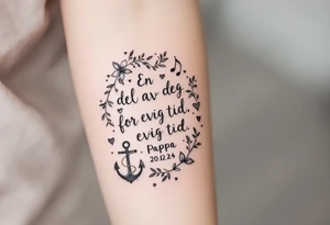 Quote: "En del av deg for evig tid. 
Pappa 20.12.24"
Surround the quote with delicate gladious, notes, hearts and an anchor tattoo idea