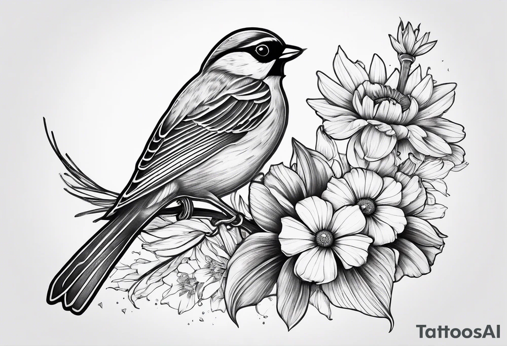 AUM symbol, sparrow, sunrays, staircase, cosmos, iris, daisy tattoo idea