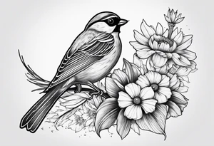 AUM symbol, sparrow, sunrays, staircase, cosmos, iris, daisy tattoo idea