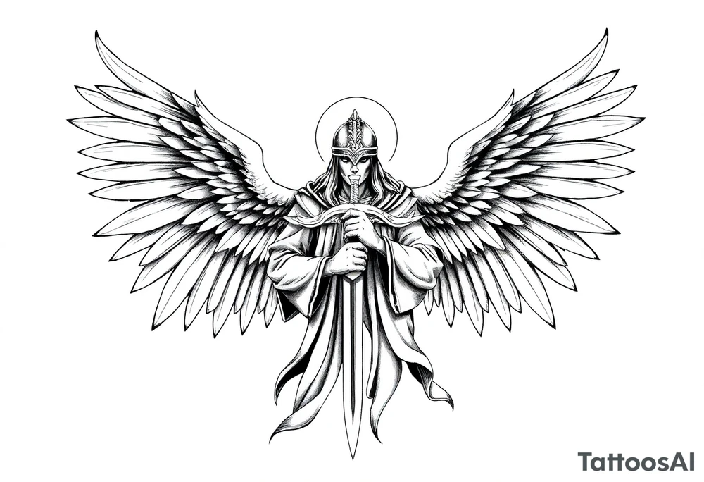 Holy Archangel, Biblical, Christianity, Hebrew, Guards of Christianity, Holding a sword, has six wings, wearing helmet, halo, seraphim tattoo idea