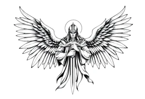 Holy Archangel, Biblical, Christianity, Hebrew, Guards of Christianity, Holding a sword, has six wings, wearing helmet, halo, seraphim tattoo idea