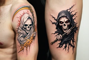 A twin Reaper design, one in all-white with a golden scythe and the other in all-black with red eyes. tattoo idea