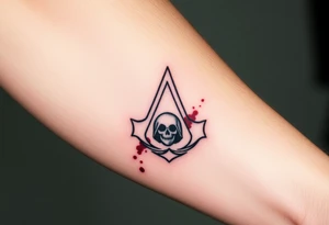 Assassins Creed emblem with Ezio character and blood splashes incorporated into logo. tattoo idea