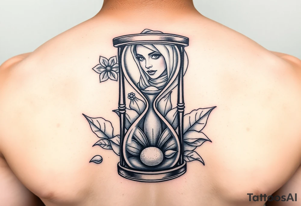 Broken hour glass with a lotus flower and woman with hijab in background tattoo idea