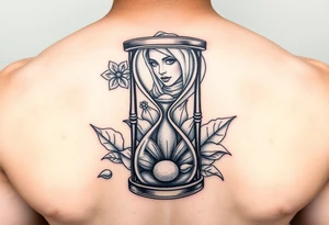 Broken hour glass with a lotus flower and woman with hijab in background tattoo idea