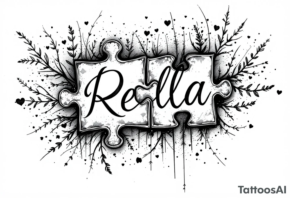 Puzzle piece tattoo where one of the pieces says Rella with an heart tattoo idea