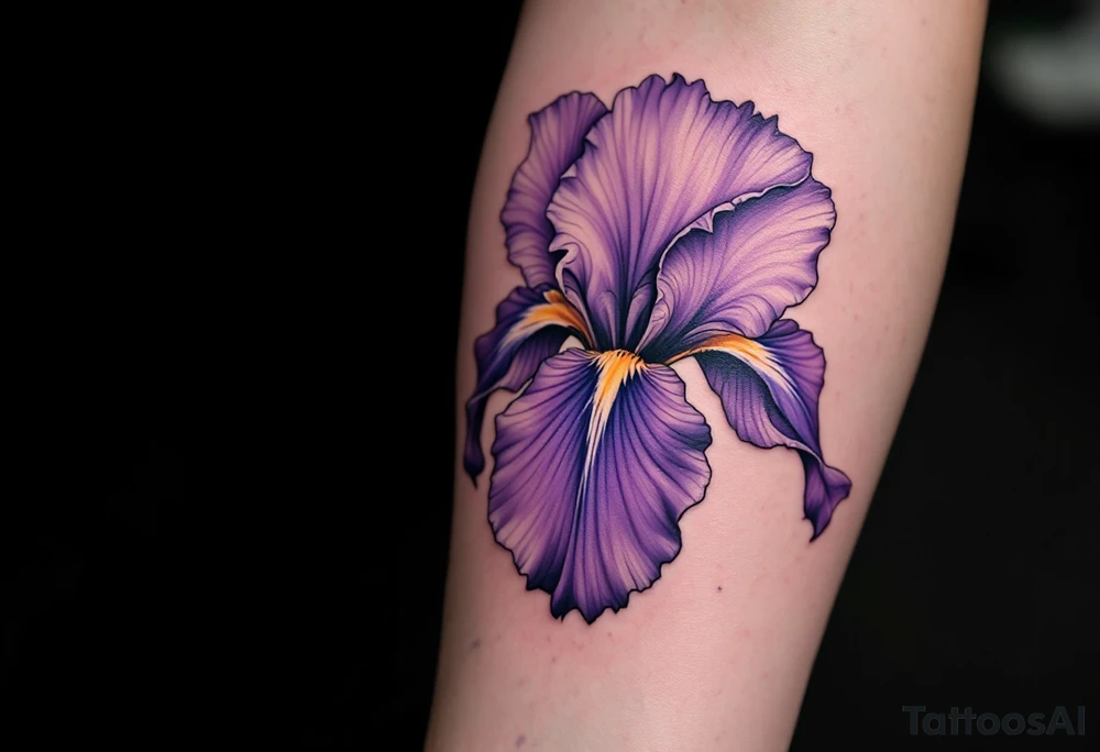 big purple flower with the name “IRIS” written in the stem of the flower in cursive on the outside of the forearm tattoo idea