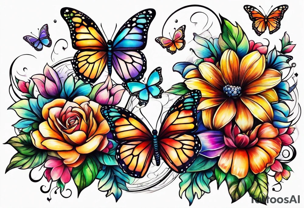 Arm sleeve with cross outlined by rainbow flowers and butterflies tattoo idea