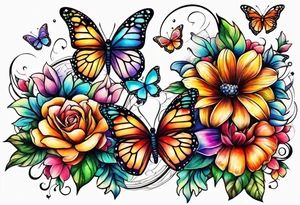 Arm sleeve with cross outlined by rainbow flowers and butterflies tattoo idea