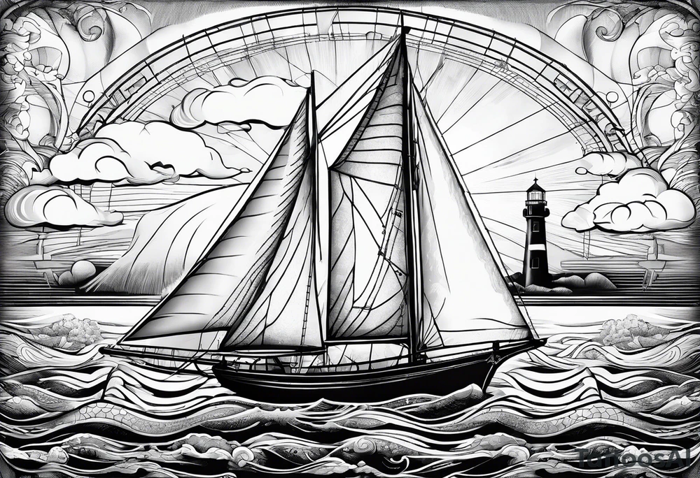 sailboat sail patched in such a way that it resembles a maritime lighthouse. tattoo idea