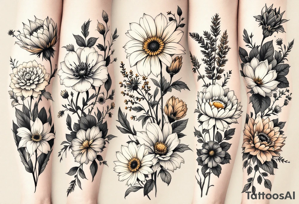 A row of birth flowers with the son’s portrait in the center, highlighted in full color, while others are shaded in black. tattoo idea
