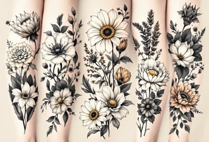 A row of birth flowers with the son’s portrait in the center, highlighted in full color, while others are shaded in black. tattoo idea