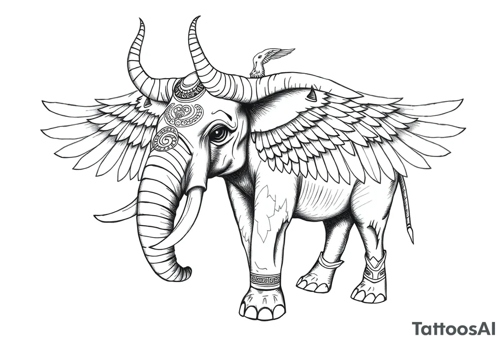 A horned African elephant with ears that resemble the wings of a falcon and covered in Egyptian symbolism tattoo idea