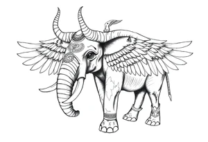 A horned African elephant with ears that resemble the wings of a falcon and covered in Egyptian symbolism tattoo idea