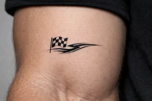 blackwork motorsport tattoo featuring a small checkered racing flag combined with a flowing racing line, dynamic but elegant tattoo idea