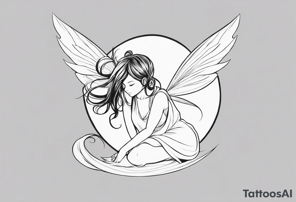 No color sideways sketch of a fairy with a tail inspired by the guild symbol in the anime show called Fairy Tail in a fetal position leaning forward while crawled in with hands a bit forward and her body is an angle while floating in the air with big wings tattoo idea