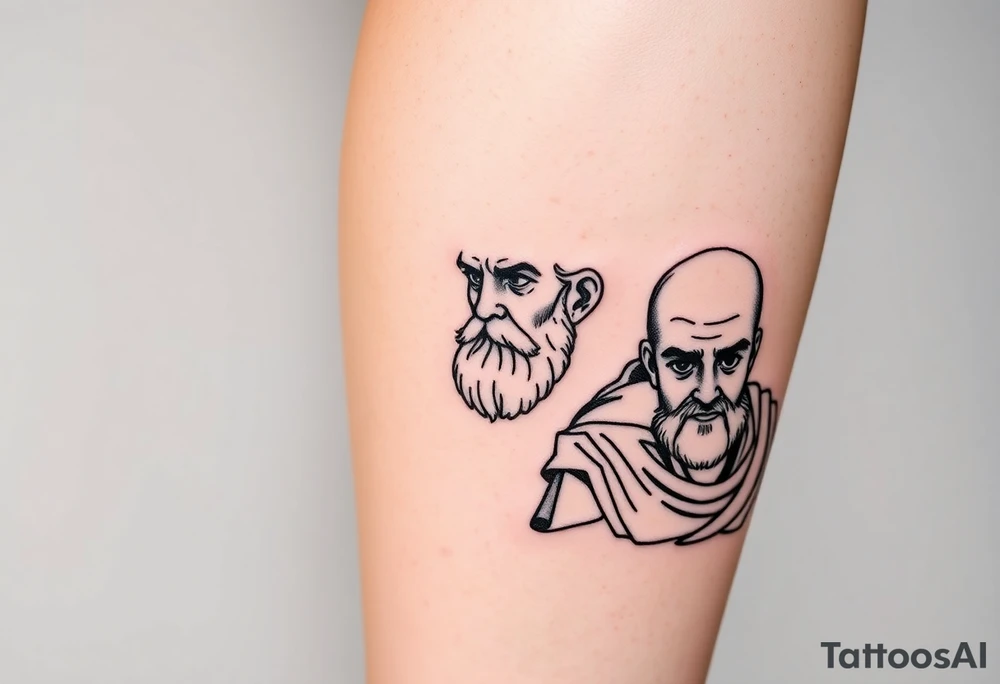 Platos, aristole, and socrates on the right side of the calf tattoo idea