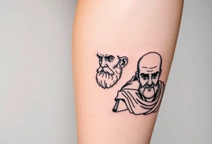 Platos, aristole, and socrates on the right side of the calf tattoo idea