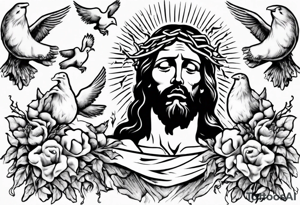 Jesus with thorns looking up and crying, doves, lambs, blood tattoo idea