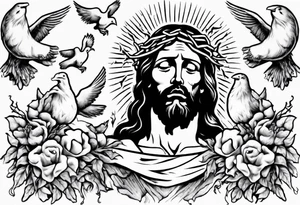 Jesus with thorns looking up and crying, doves, lambs, blood tattoo idea