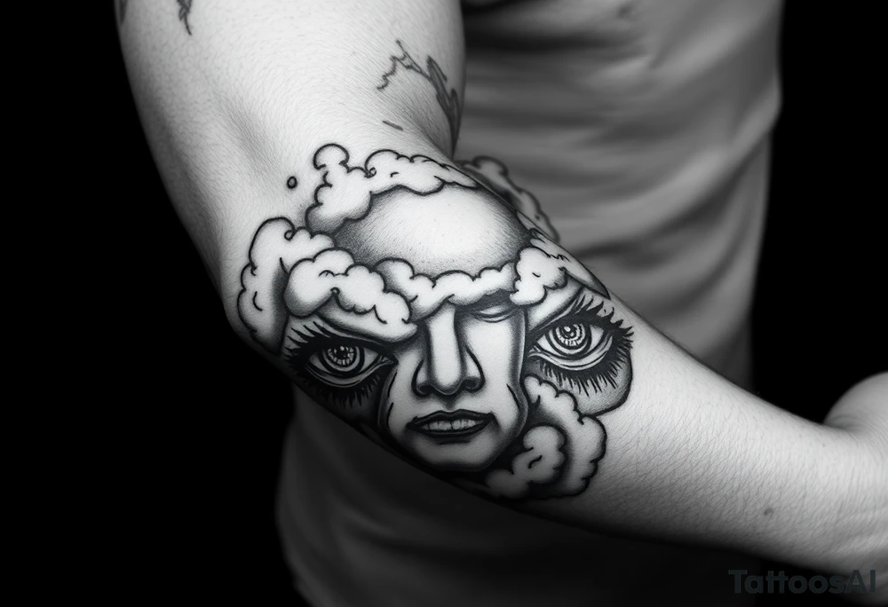 heavenly eyes below the elbow with clouds under it with a portrait dedicated to a dead family member tattoo idea