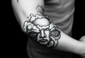heavenly eyes below the elbow with clouds under it with a portrait dedicated to a dead family member tattoo idea