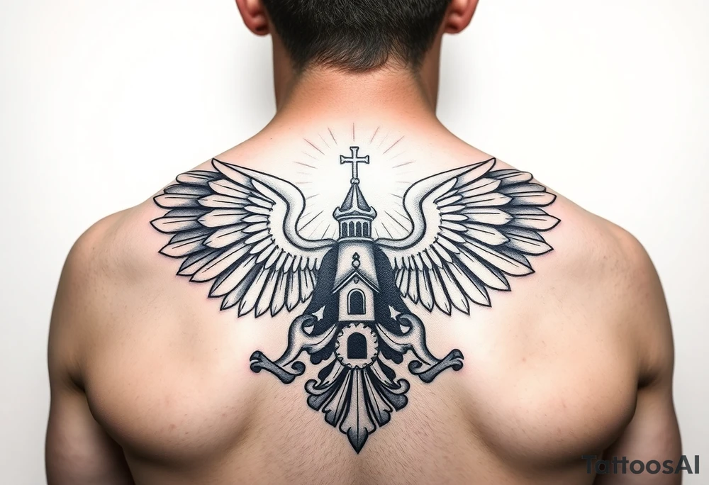 an actual russian coat of arms with the eagles wings spanning out on my back neck across my shoulders / traps with a orthodox christian church being visible in a mountainous sun beaming setting, with the russian orthodox cross spire of the orthodox church being visible on my neck with a sun beaming in the background that the cross sits inside tattoo idea
