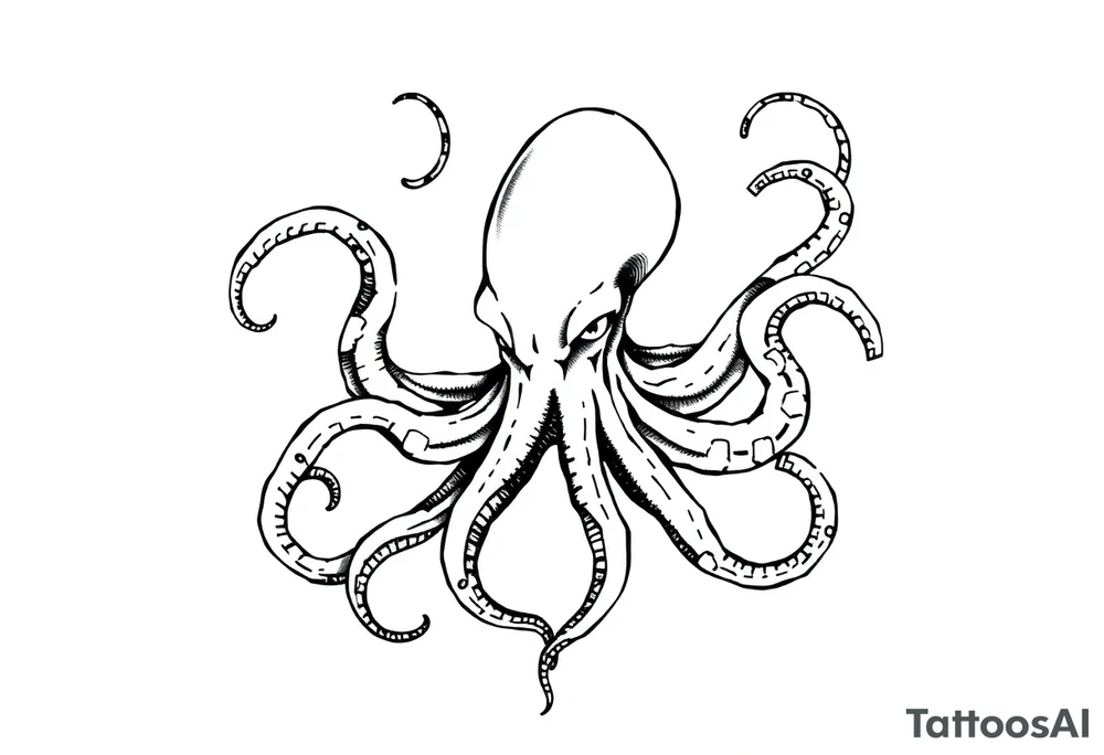 A minimalist blackwork tattoo design of an evil kraken The kraken is viewed from a 45-degree angle facing left, with its head centered. The tentacles extend only to the left and right, with none going downward beneath the head. The style is clean, fine-line detailing with bold outlines, avoiding heavy shading. The tentacles should be fluid, aggressive, and striking, enhancing the menacing and eerie look of the kraken while maintaining a cohesive design for a tattoo sleeve. tattoo idea
