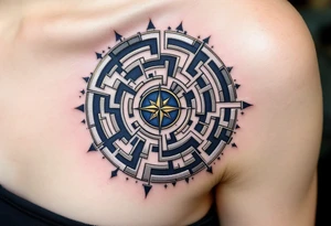 A geometric maze in metallic silver and deep blue tones, with a single golden compass in the center, representing the trials and choices of a Divergent. tattoo idea