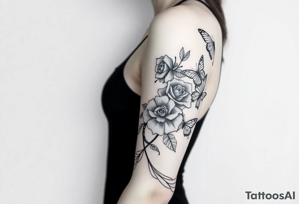 Joker tattoo with roses and a snake through the roses and money butterfly’s with filler ink full arm tattoo idea