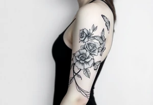 Joker tattoo with roses and a snake through the roses and money butterfly’s with filler ink full arm tattoo idea