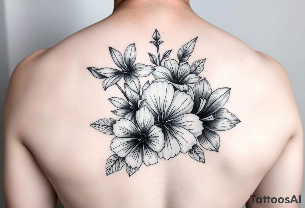 Flower tattoo with violets and chrysanthemum tattoo idea
