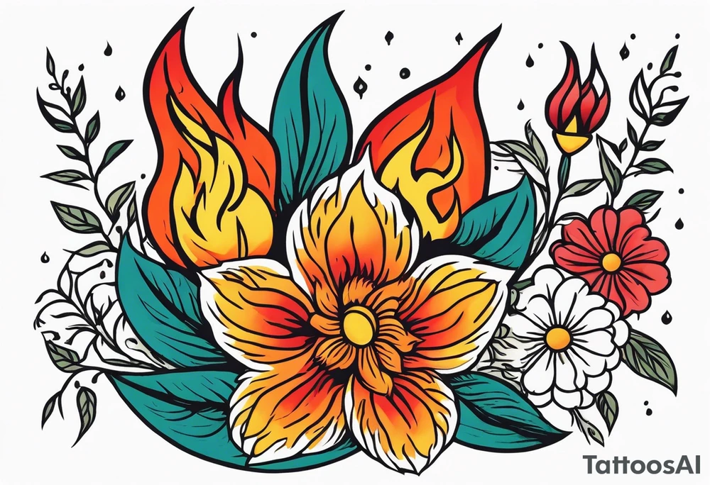 tongues of fire
old school vintage simple traditional design with vintage flowers surrounding
bold color simple tattoo idea