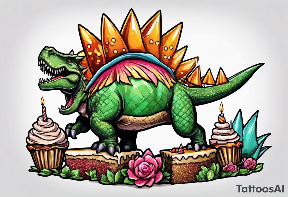 Stegosaurs with a birthday cone hat, eating a piece of cake tattoo idea