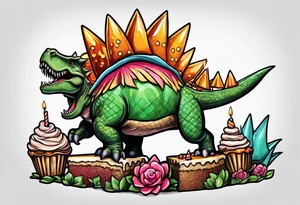 Stegosaurs with a birthday cone hat, eating a piece of cake tattoo idea