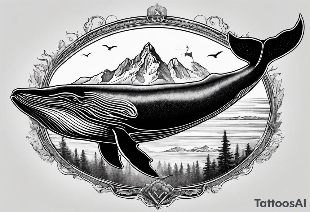 breaching humpback whale with a drawing of the Teton mountains inside of it's tale tattoo idea