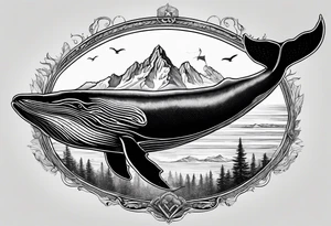 breaching humpback whale with a drawing of the Teton mountains  inside of it's tale tattoo idea