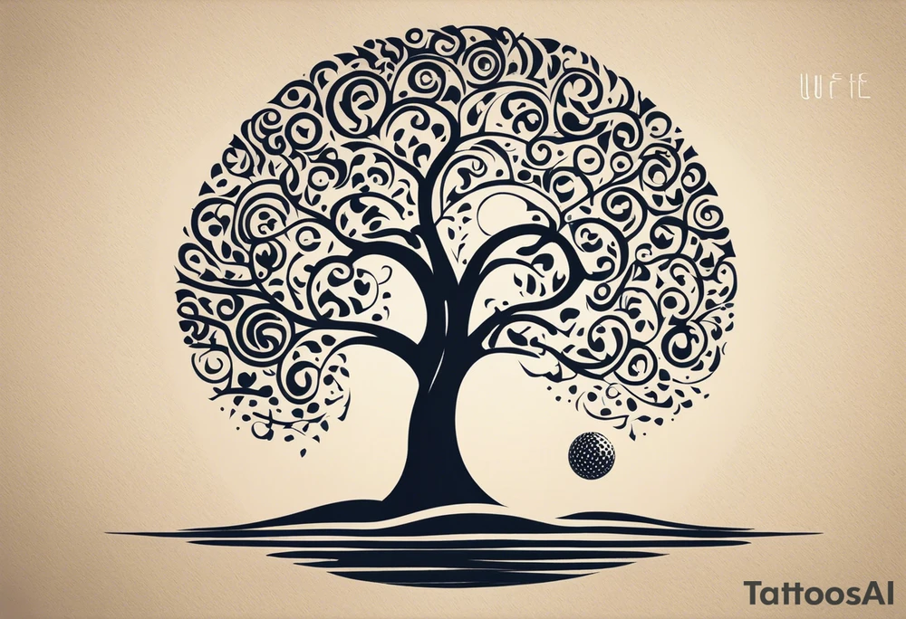 A tattoo design that incorporates the following elements: an abstract tree of life that has roots emerging  from the ground. Waves of water wrap around the tree in a non symmetrical design.  Incorporate musical notes into the tree. the letters U and A are overlapping and engraved into the tree. incorporate a golf ball or golf course symbols like a flag but not prominent. tattoo idea